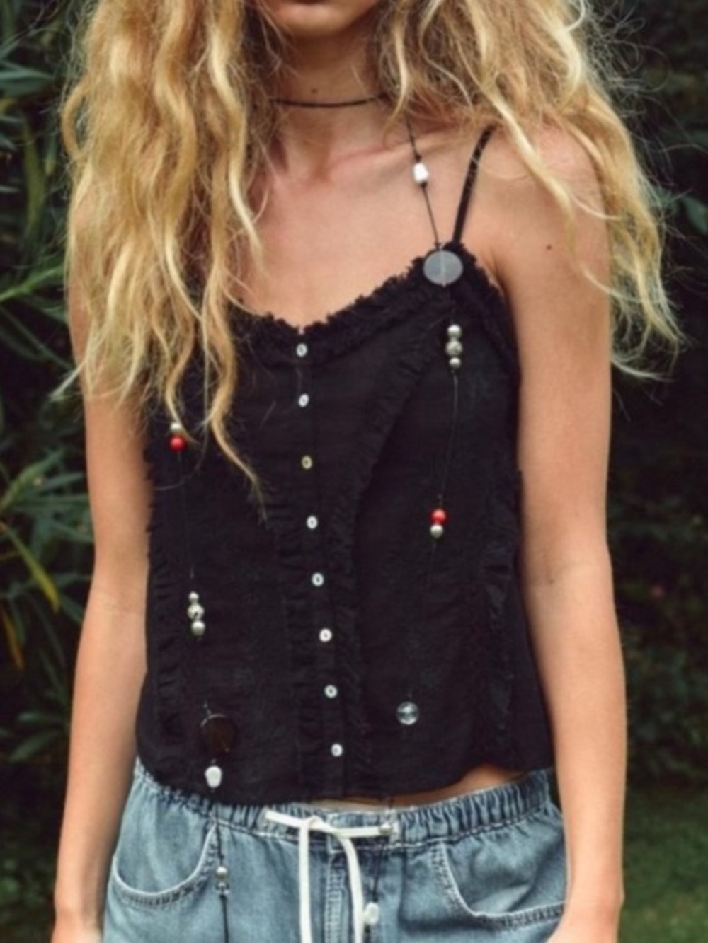 ZARA Black Spaghetti Strap Button-Front Gauze Top